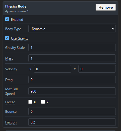 Componente Physics Body de GameCrom 2D Studio