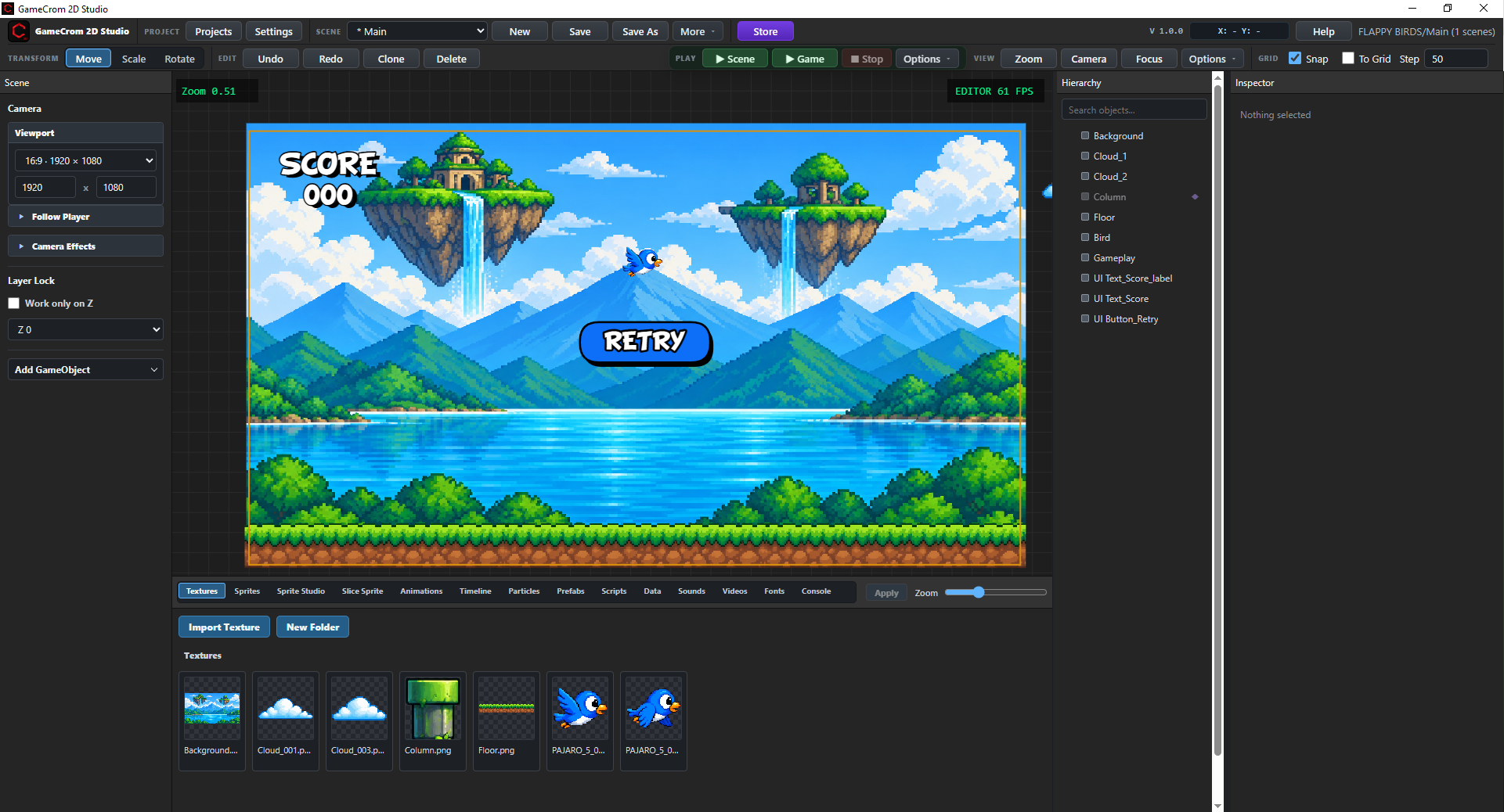 Interfaz real de GameCrom Studio creando un juego 2D